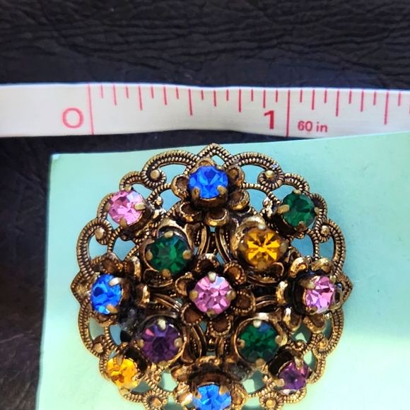 West Germany gold tone filigree multi color gorgeous brooch w matching earrings! - Picture 9 of 16